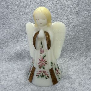 Fenton Satin Glass Praying Angel Hand Painted Bell Pink Flowers Signed #800/1900
